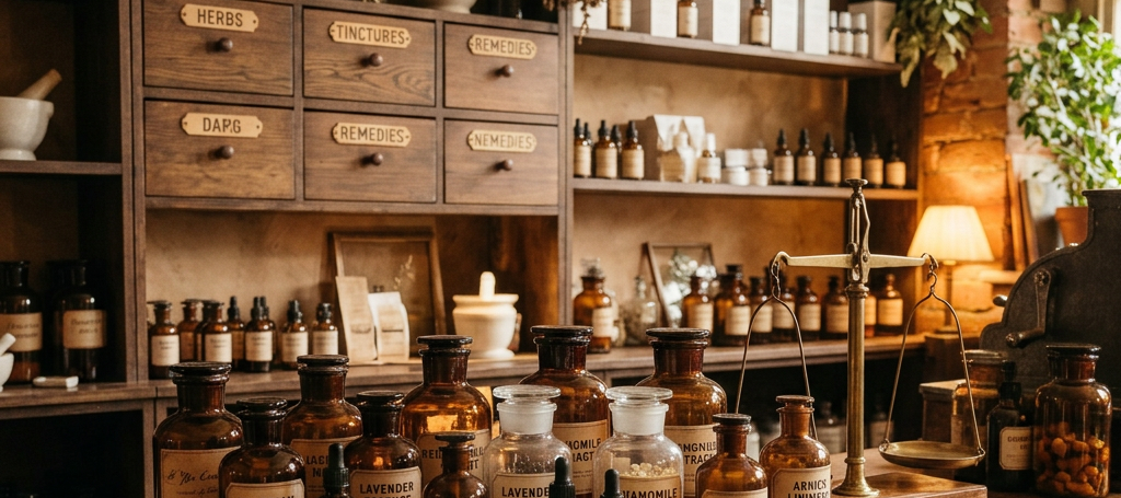 Wooden apothecary counter with medicines, digital register, card reader, and herbs under glass domes